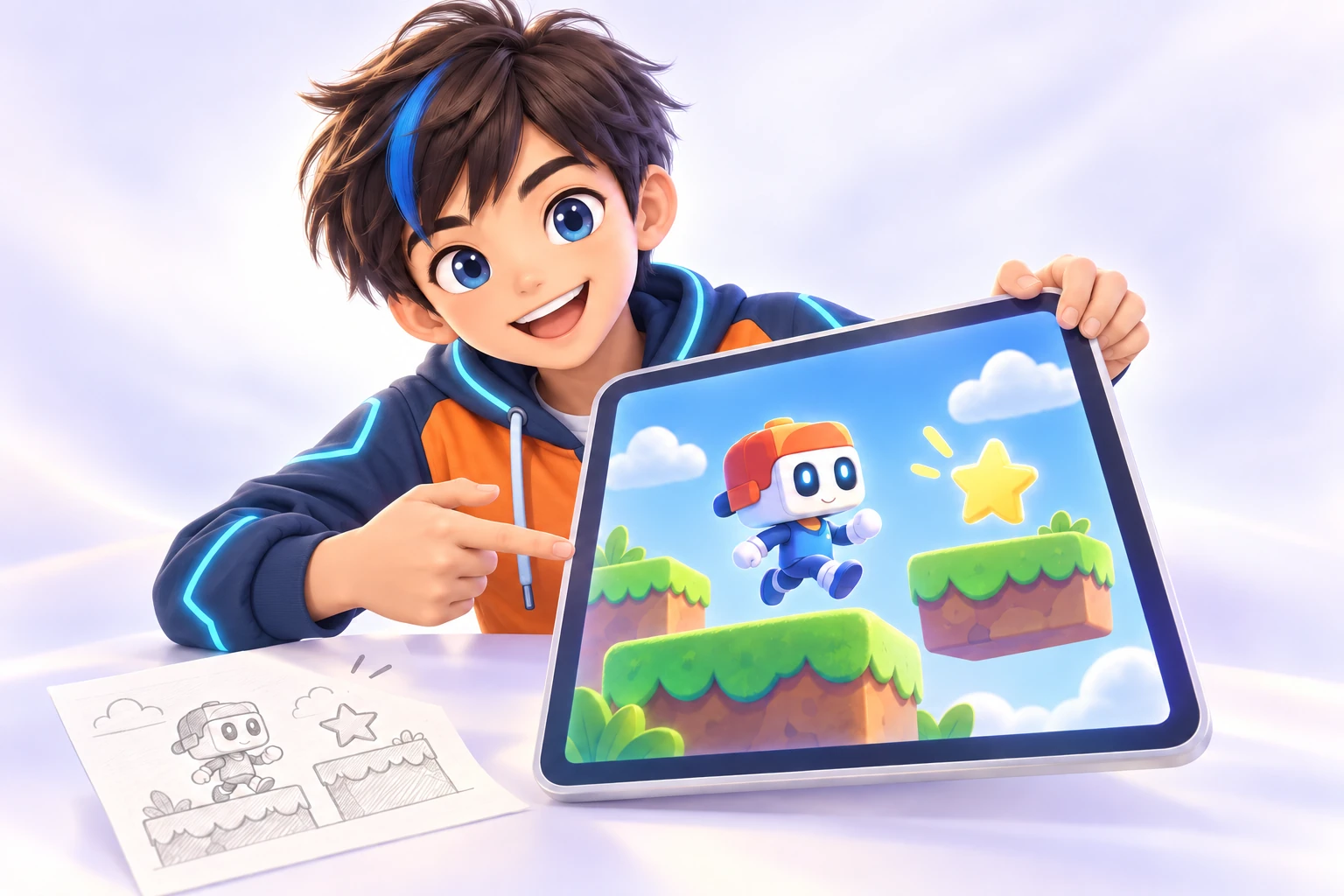 橙蓝外套的小博展示由想法草图延伸而来的游戏作品，AI原创创作情境插画