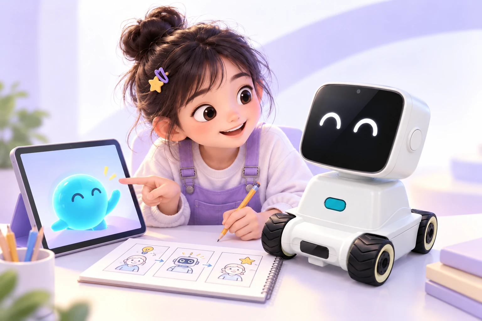 孩子观察机器人、试用平板上的AI伙伴，并在笔记本上思考方案的原创学习情境插画