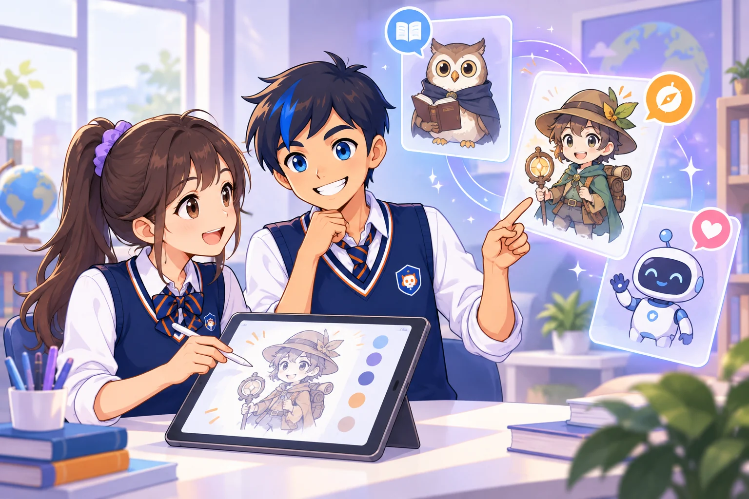 新版小博与孩子在智能体世界中设计自己的原创角色插画